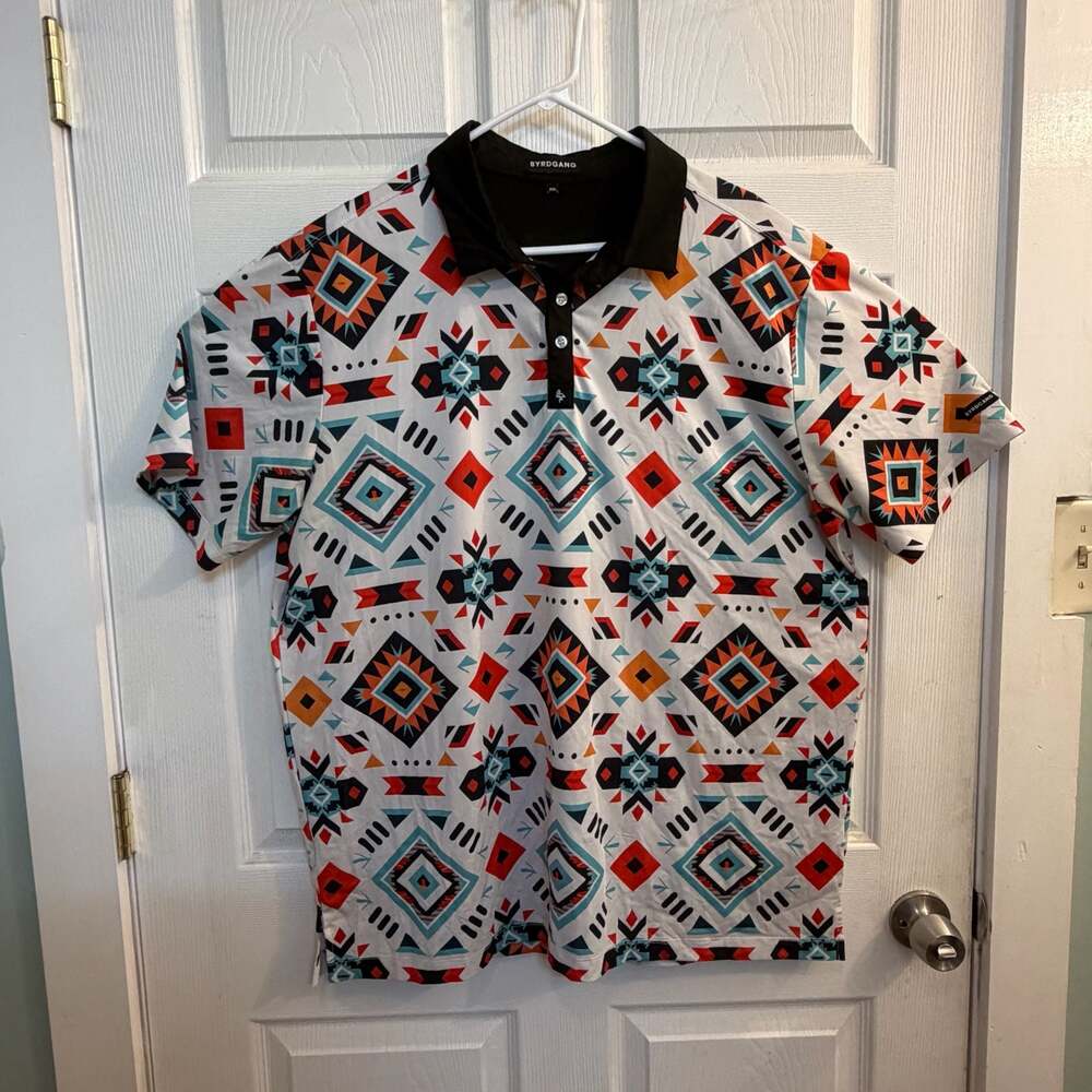 Byrdgang Men's Aztec Print Polo Shirt Size XXL Golf Silky Stretch Wild Print